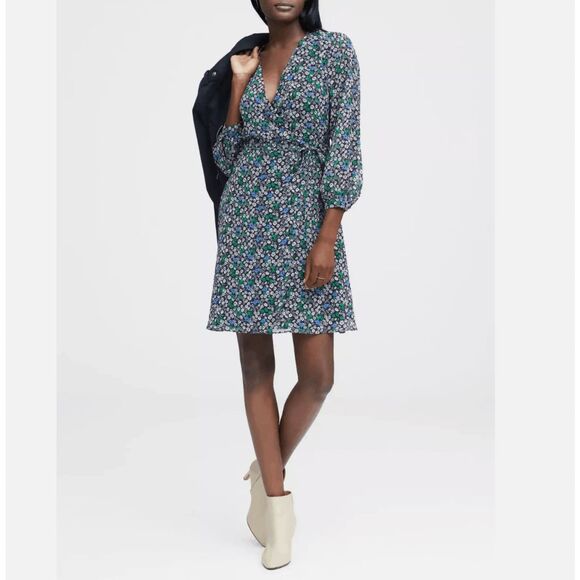 Banana Republic NWT Floral Wrap Dress, Green & Blue,Sz 12, MSRP $138 - Picture 1 of 10